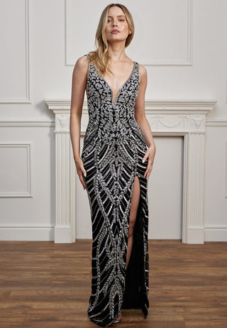 Embellished Plunge Neck Maxi Dress in Black Silver