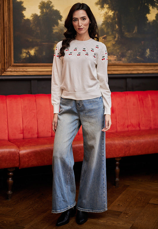 White Jumper With Cherry Embroidered Detail