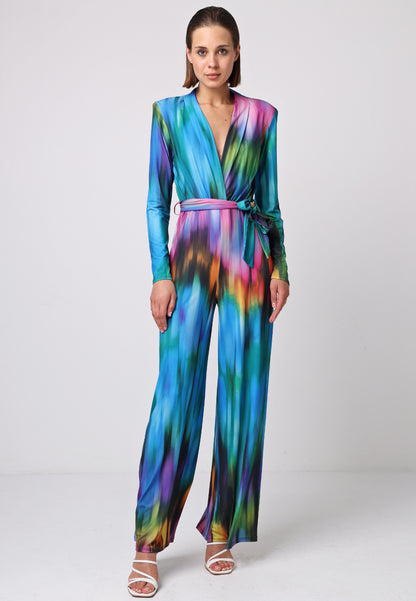 Plunge Neck Wide Leg Long Sleeve Jumpsuit in Tie Dye