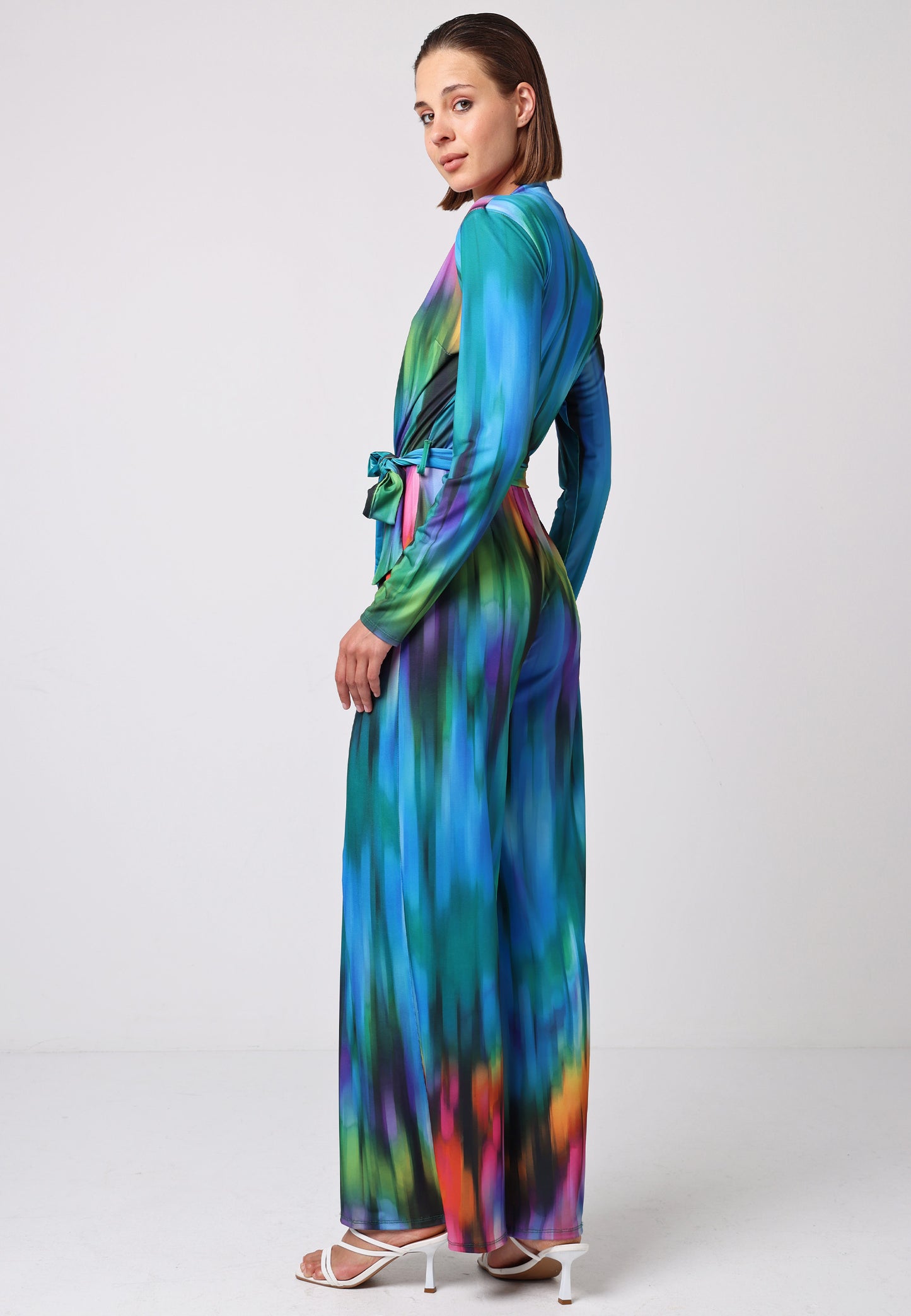 Plunge Neck Wide Leg Long Sleeve Jumpsuit in Tie Dye