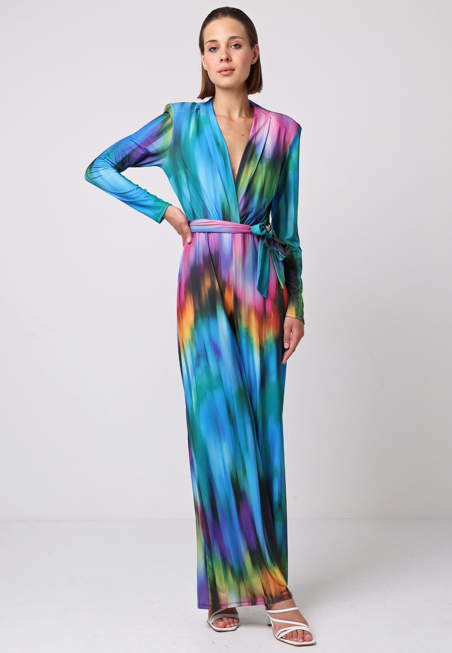 Plunge Neck Wide Leg Long Sleeve Jumpsuit in Tie Dye