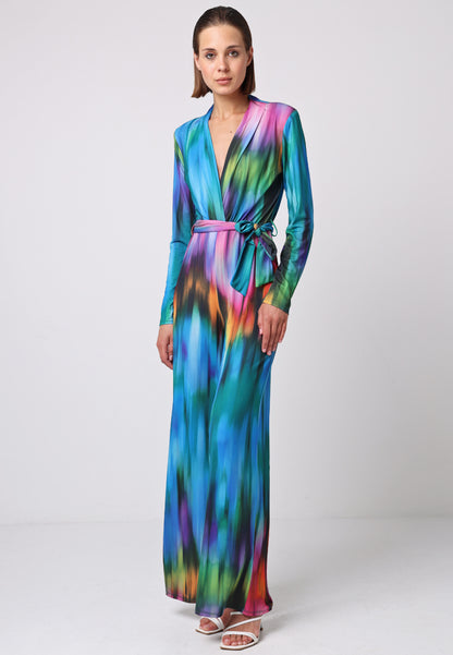 Plunge Neck Wide Leg Long Sleeve Jumpsuit in Tie Dye