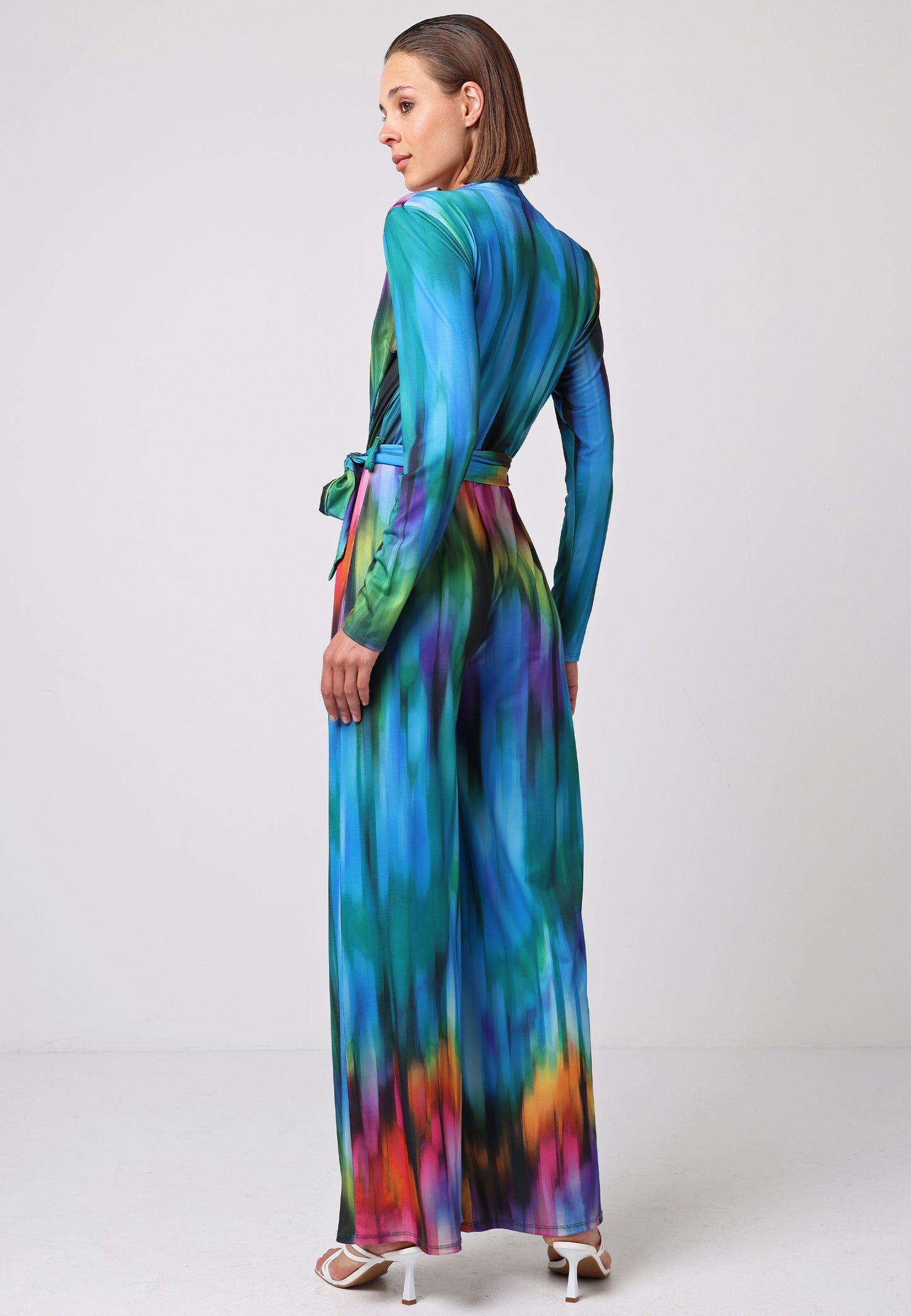 Plunge Neck Wide Leg Long Sleeve Jumpsuit in Tie Dye