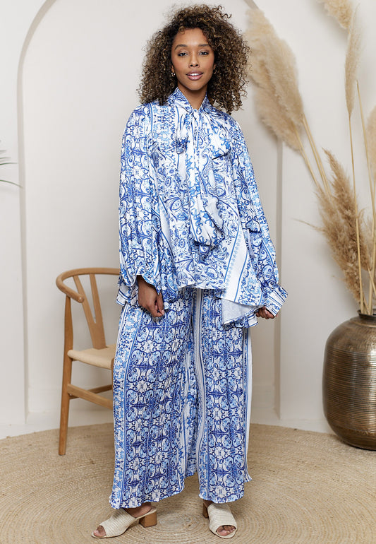 Bow Tie Shirt & Plisse Wide Leg Trousers Co-Ord Set In Porcelain Print