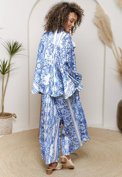 Bow Tie Shirt & Plisse Wide Leg Trousers Co-Ord Set In Porcelain Print