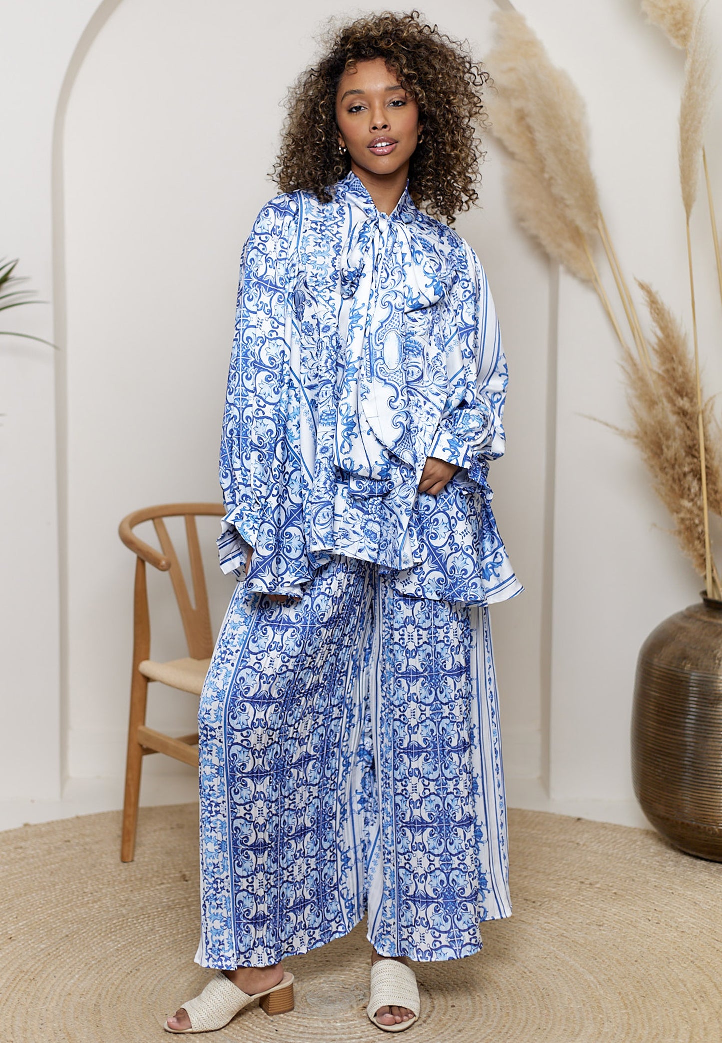 Bow Tie Shirt & Plisse Wide Leg Trousers Co-Ord Set In Porcelain Print