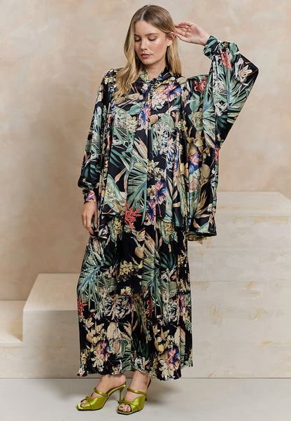 Bow Tie Shirt & Plisse Wide Leg Trousers Co-Ord Set In Black Floral Print