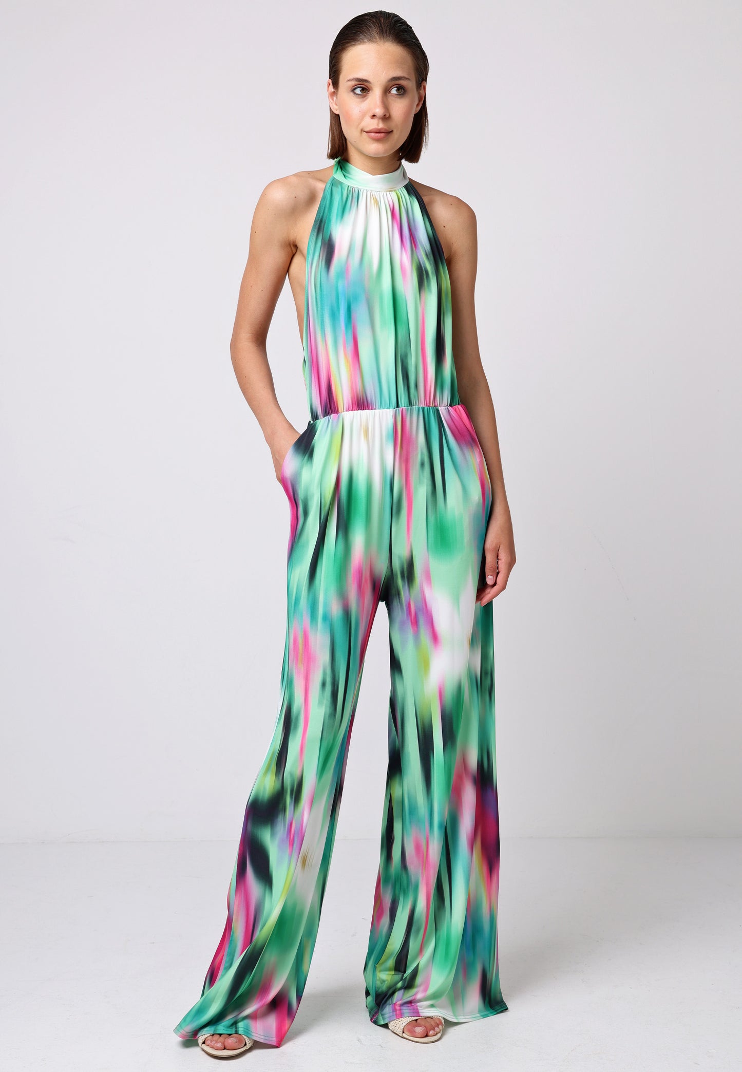 Halterneck Jumpsuit With Elasticated Waist In Brush Stroke Print