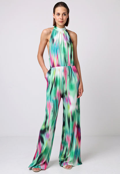 Halterneck Jumpsuit With Elasticated Waist In Brush Stroke Print