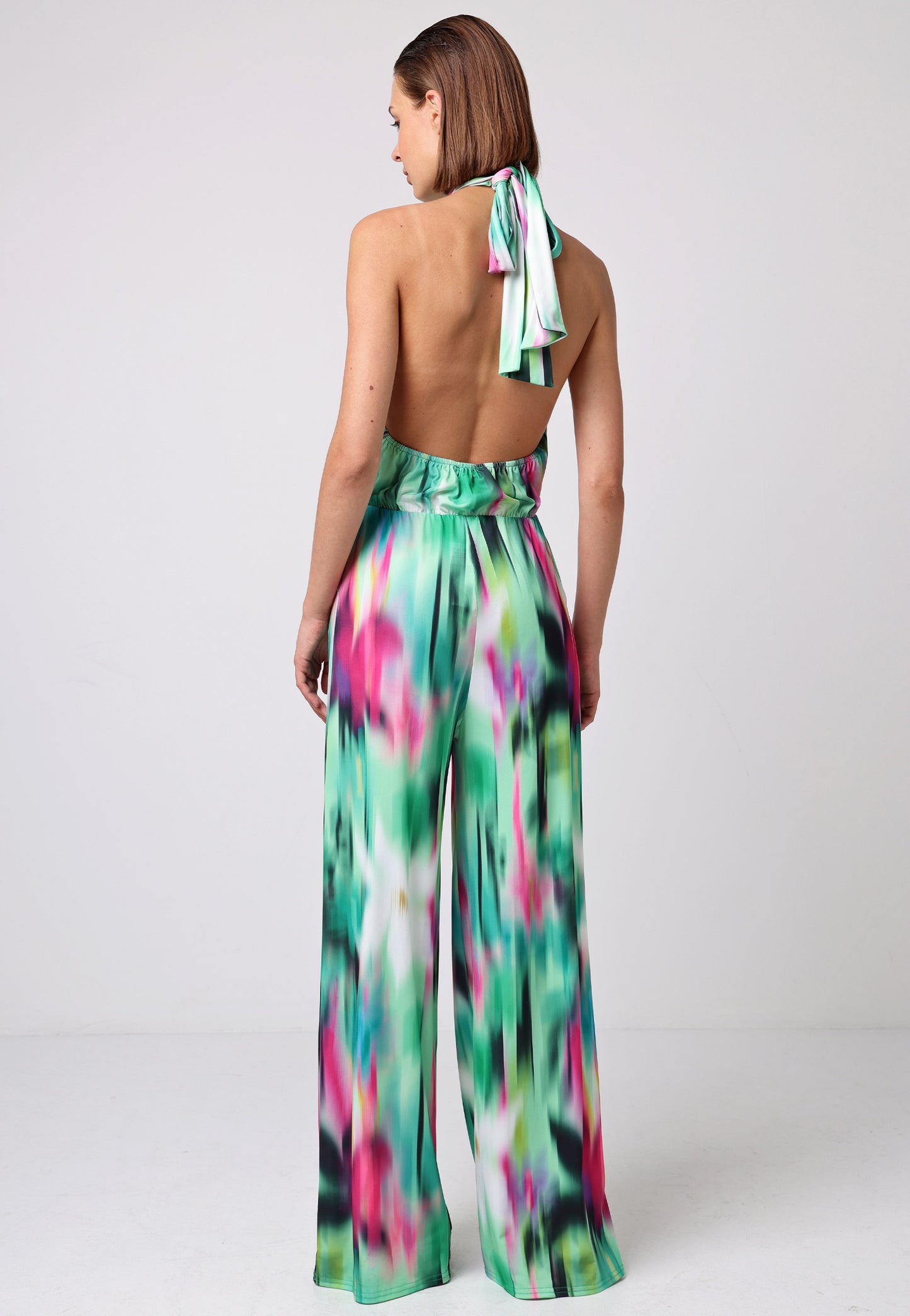 Halterneck Jumpsuit With Elasticated Waist In Brush Stroke Print