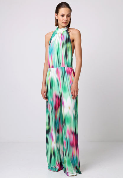 Halterneck Jumpsuit With Elasticated Waist In Brush Stroke Print