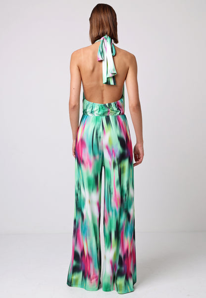 Halterneck Jumpsuit With Elasticated Waist In Brush Stroke Print