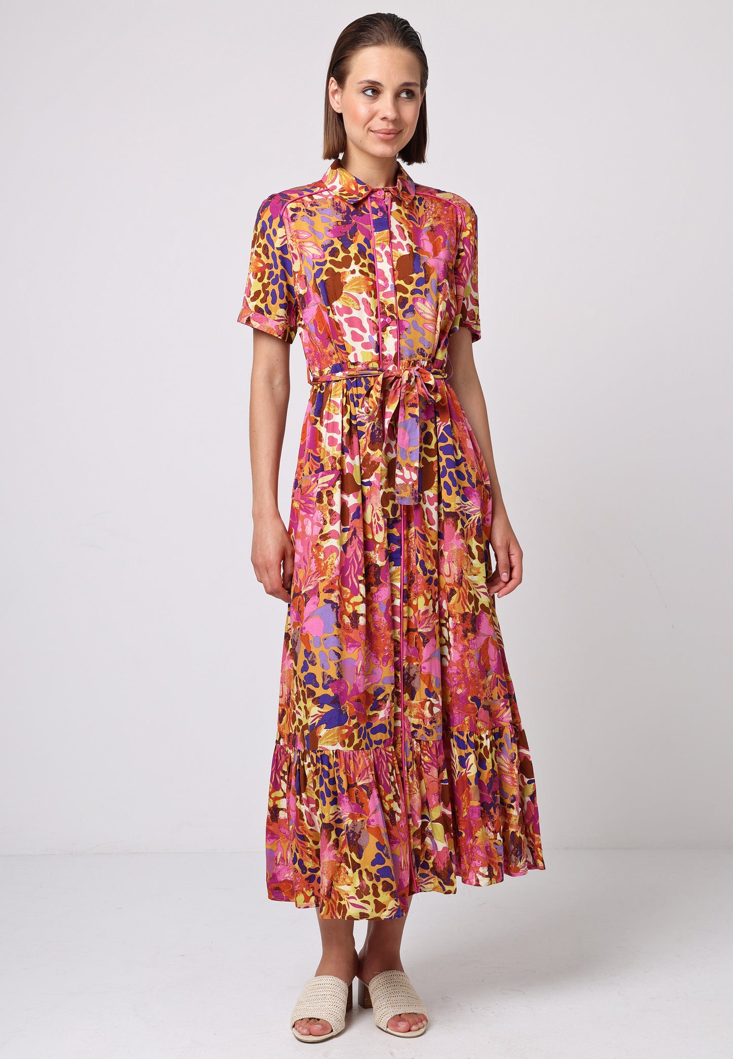 Tie Belt Shirt Dress with Ruffle Hem in Mixed Pink Print