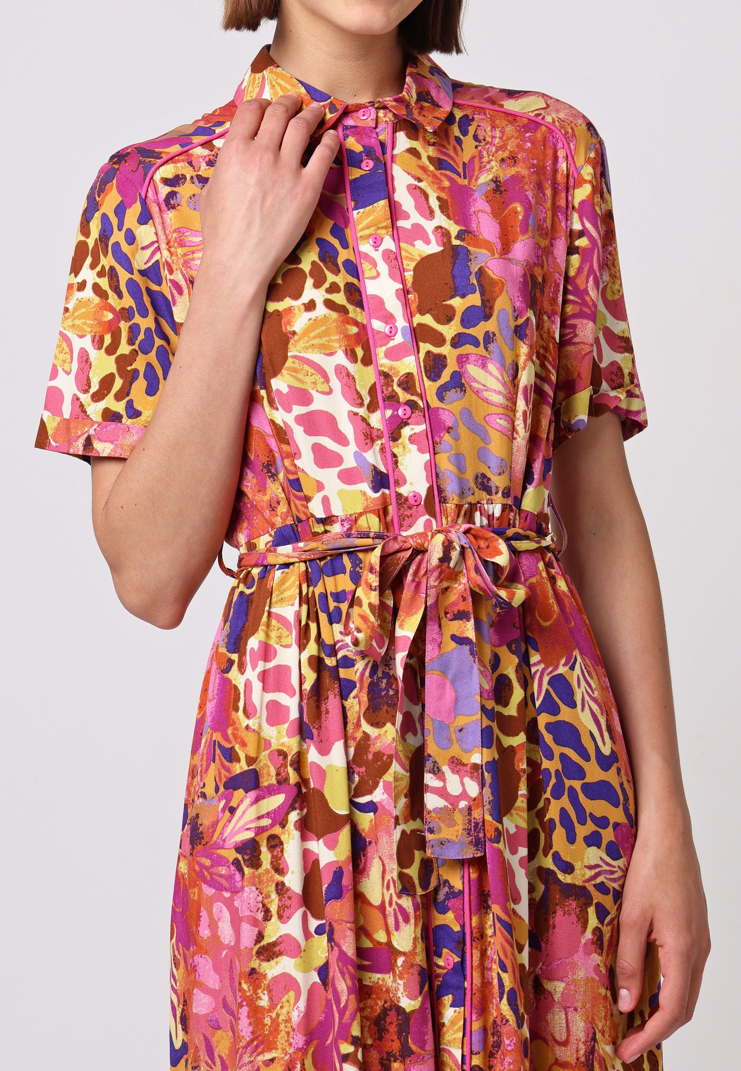 Tie Belt Shirt Dress with Ruffle Hem in Mixed Pink Print