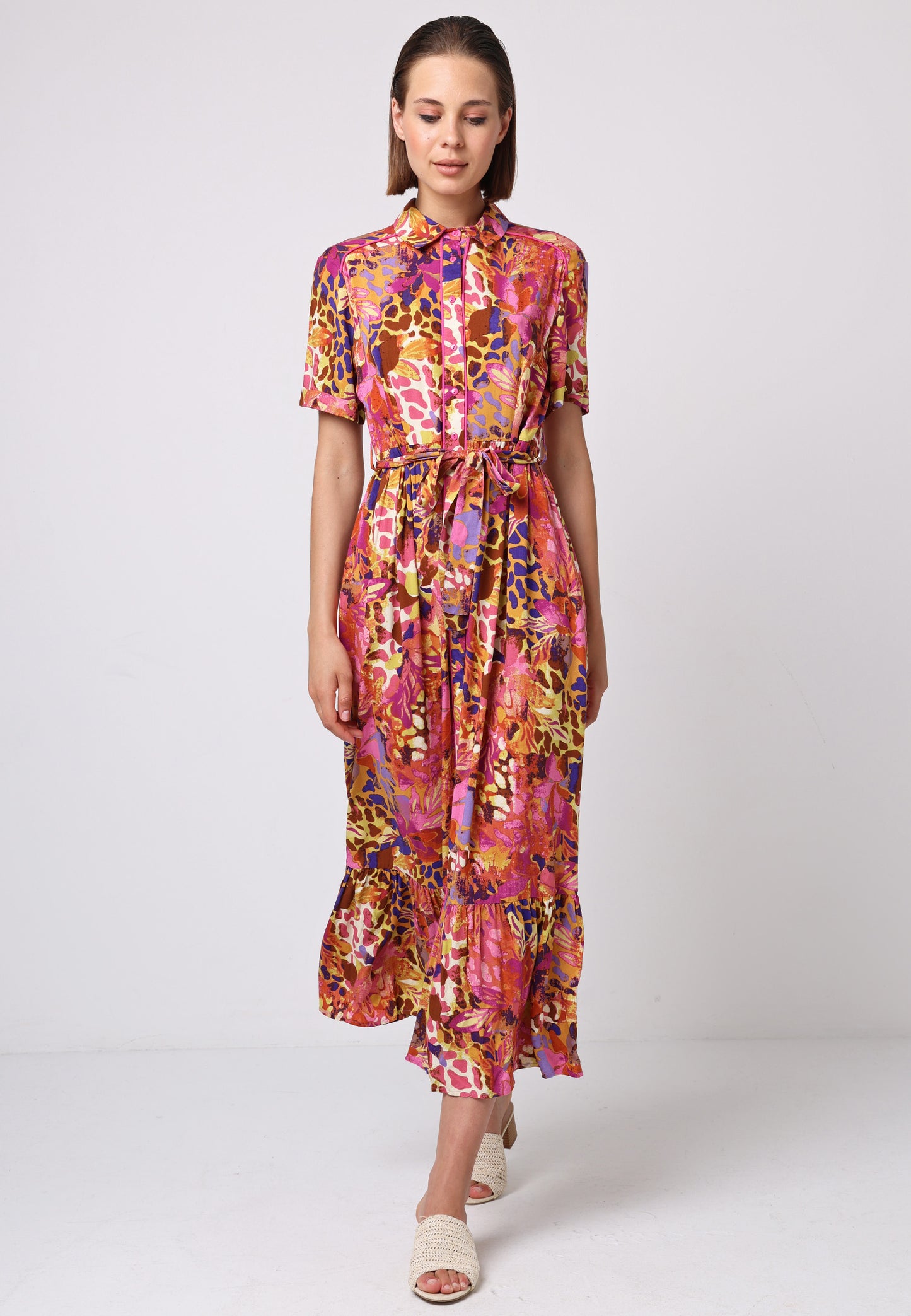 Tie Belt Shirt Dress with Ruffle Hem in Mixed Pink Print