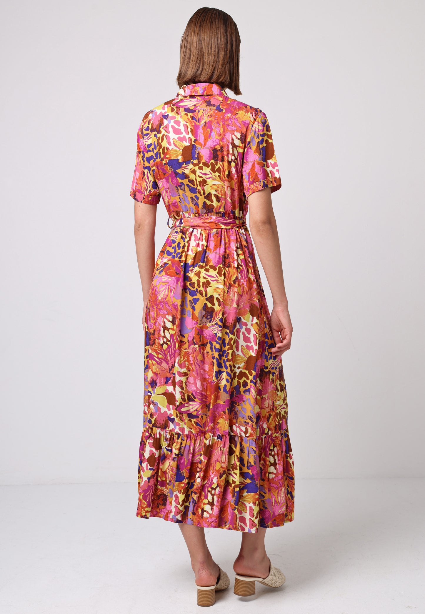 Tie Belt Shirt Dress with Ruffle Hem in Mixed Pink Print