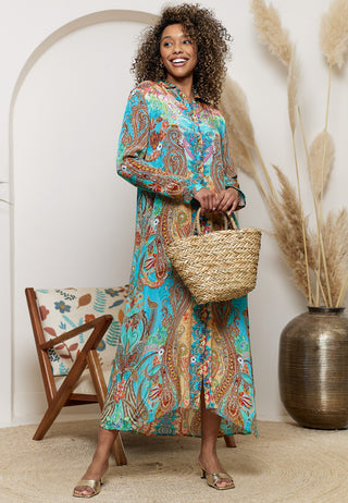 Midi Shirt Dress in Teal Bohemian Print