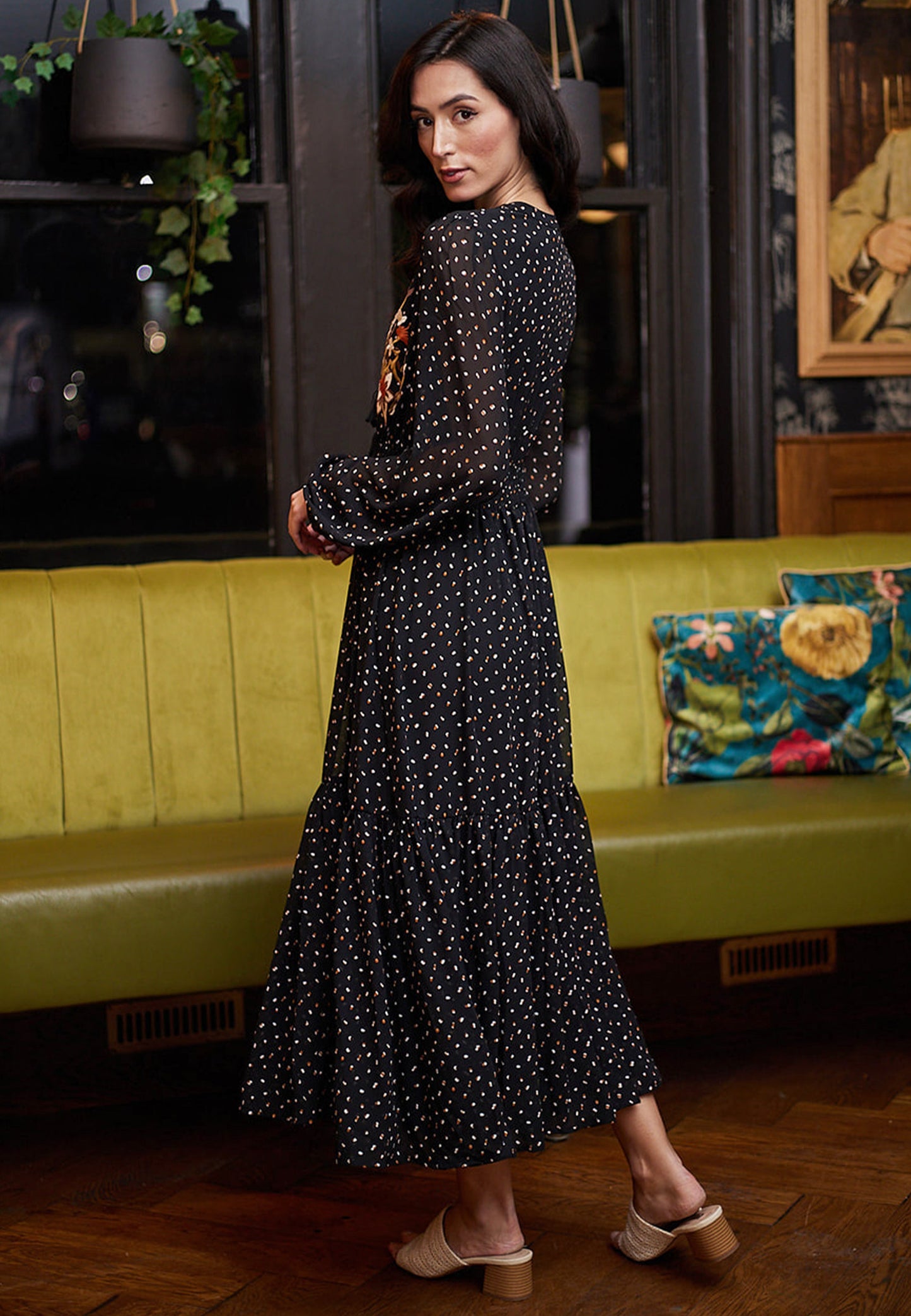 Ruffle Hem Long Sleeve Maxi Dress In Black