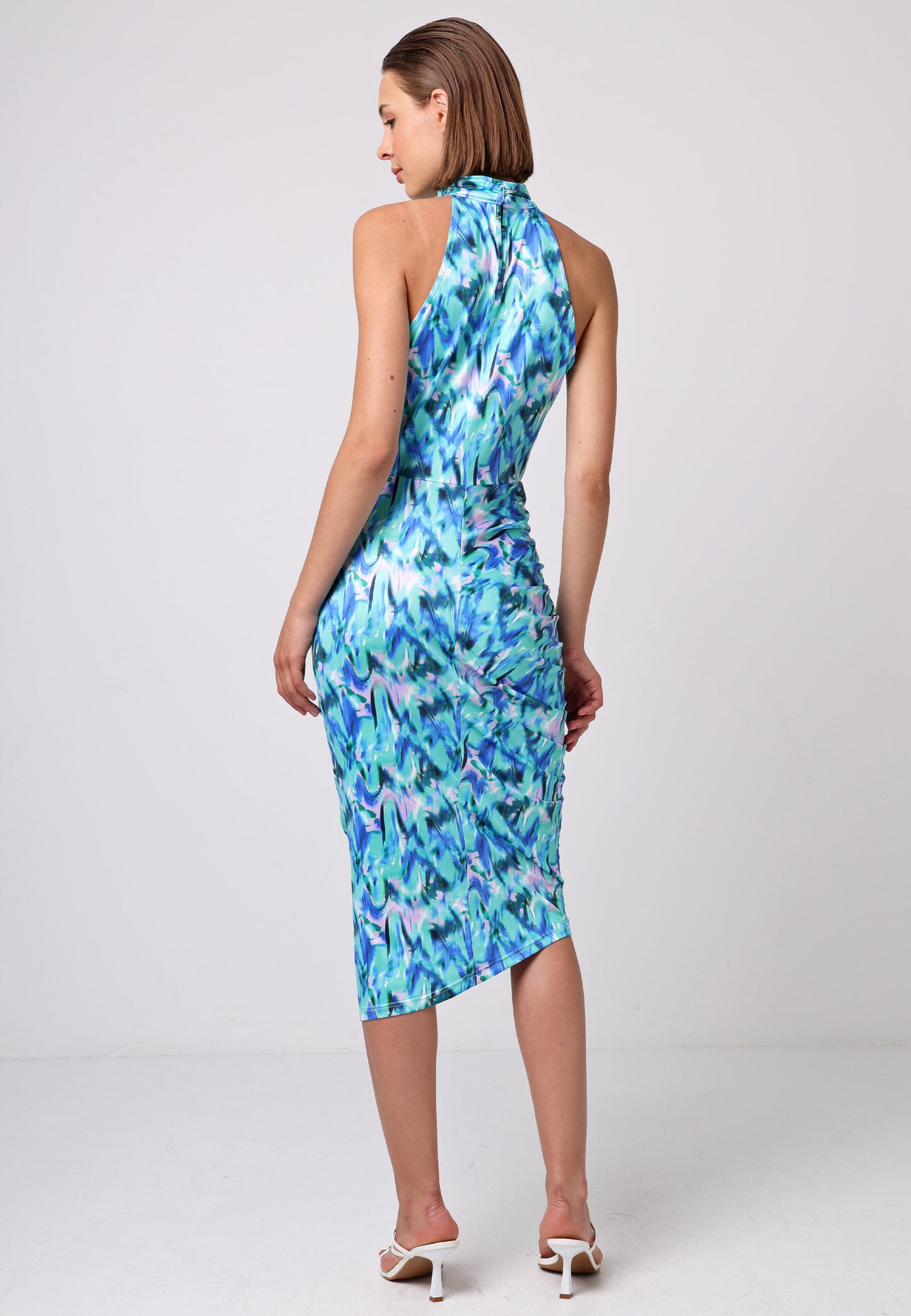 Halter Neck Ruched Sides Midi Dress in Green Print