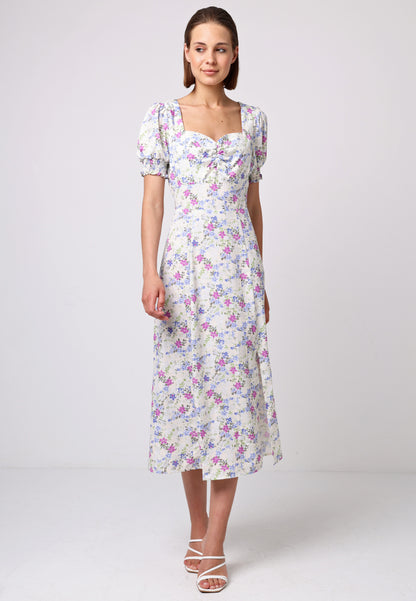 Sweetheart Puff Sleeve A-Line Midi Dress in Floral Print