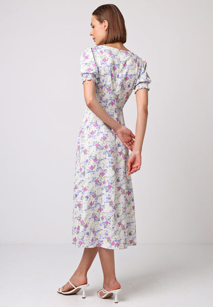 Sweetheart Puff Sleeve A-Line Midi Dress in Floral Print