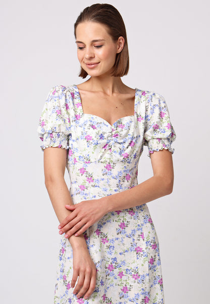 Sweetheart Puff Sleeve A-Line Midi Dress in Floral Print