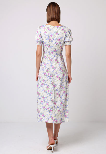 Sweetheart Puff Sleeve A-Line Midi Dress in Floral Print