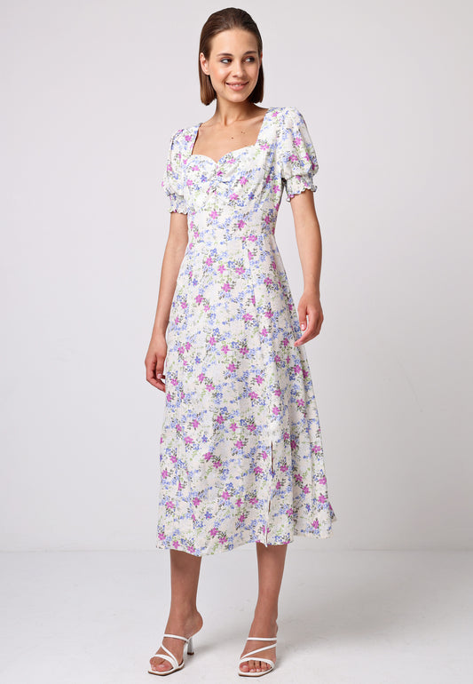 Sweetheart Puff Sleeve A-Line Midi Dress in Floral Print