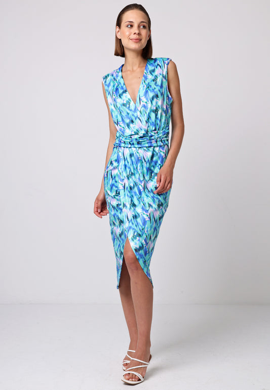 Sleeveless Wrap Top Fitted Midi Dress in Green Print