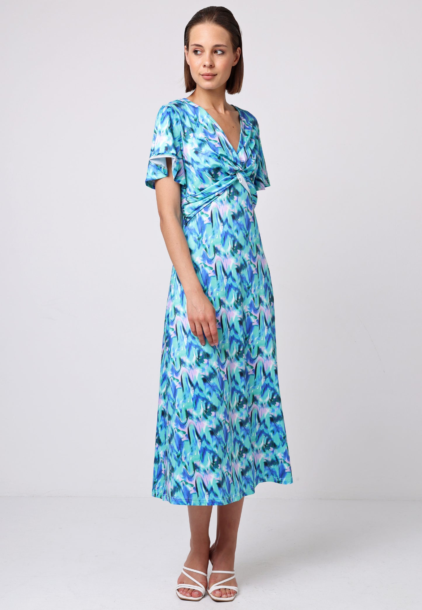 Front Twist Angel Sleeve Midi Dress in Green Print