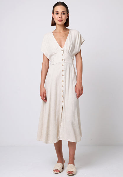 Linen V-Neck Batwing Button Midi Dress