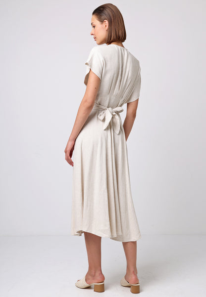 Linen V-Neck Batwing Button Midi Dress