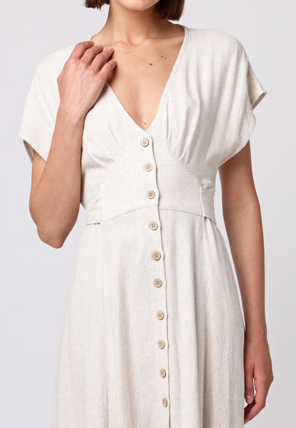 Linen V-Neck Batwing Button Midi Dress