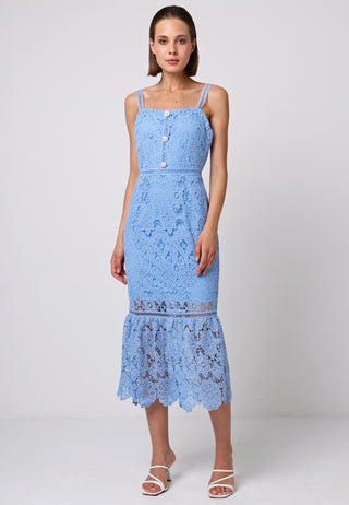 Lace Peplum Hem Midi Dress in Blue