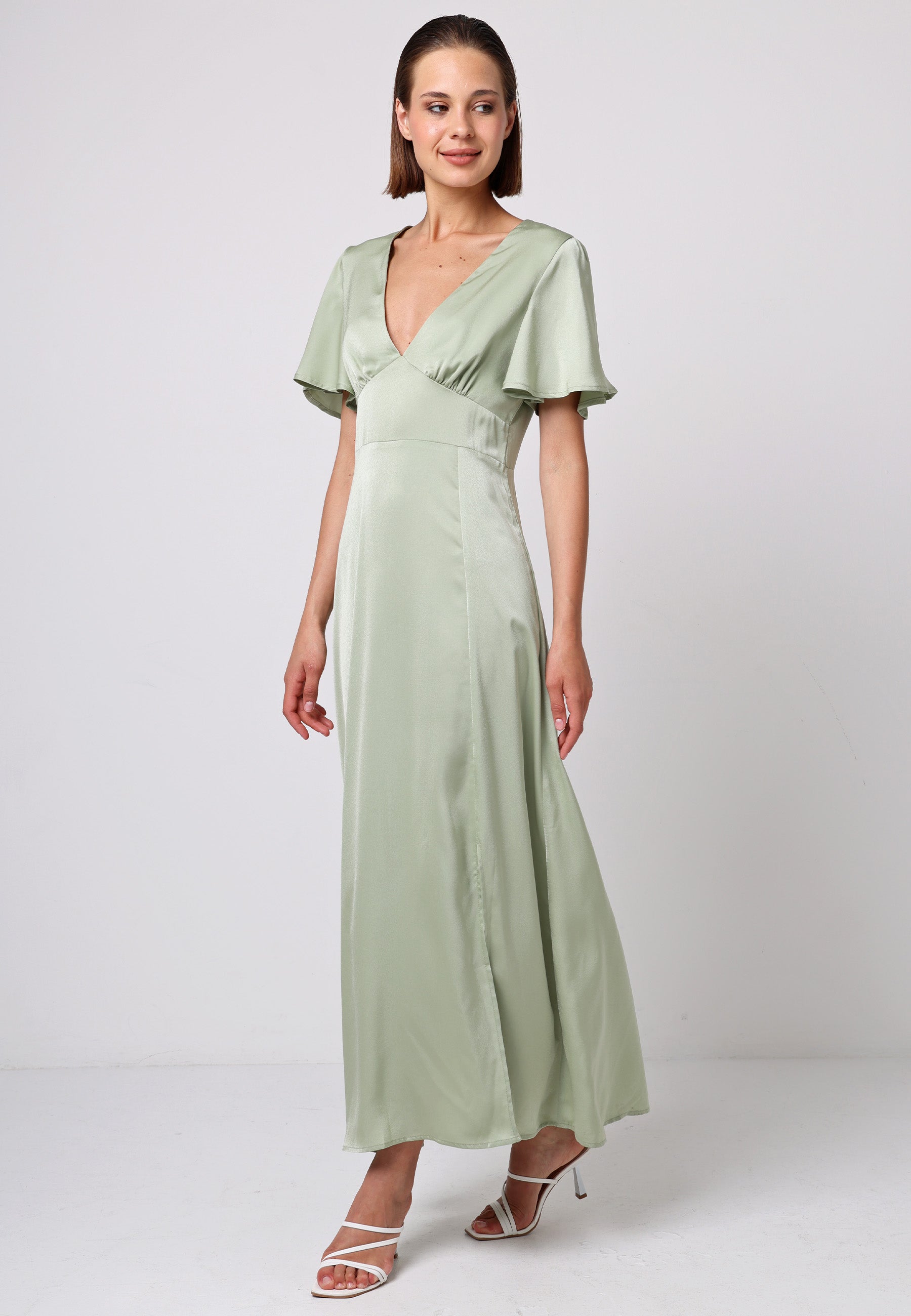 Satin V-Neck Midi Dress in Sage Green | ANGELEYE Satin V-Neck Midi Dress in Sage Green | ANGELEYE