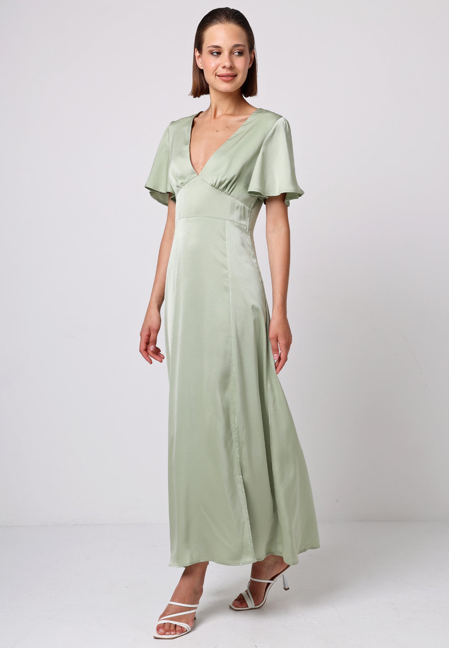 Satin V-Neck Angel Sleeve Midi Dress with Slit in Sage Green