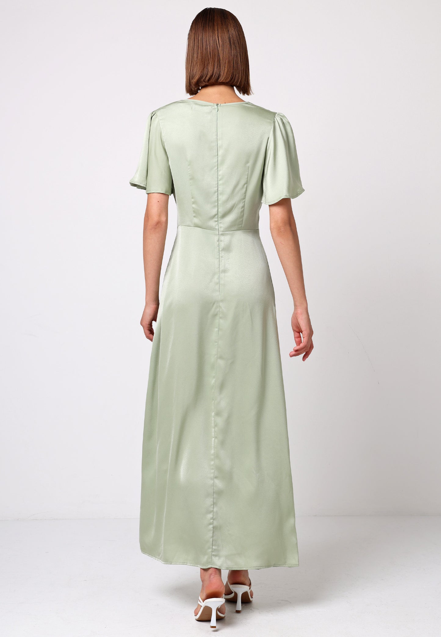 Satin V-Neck Angel Sleeve Midi Dress with Slit in Sage Green