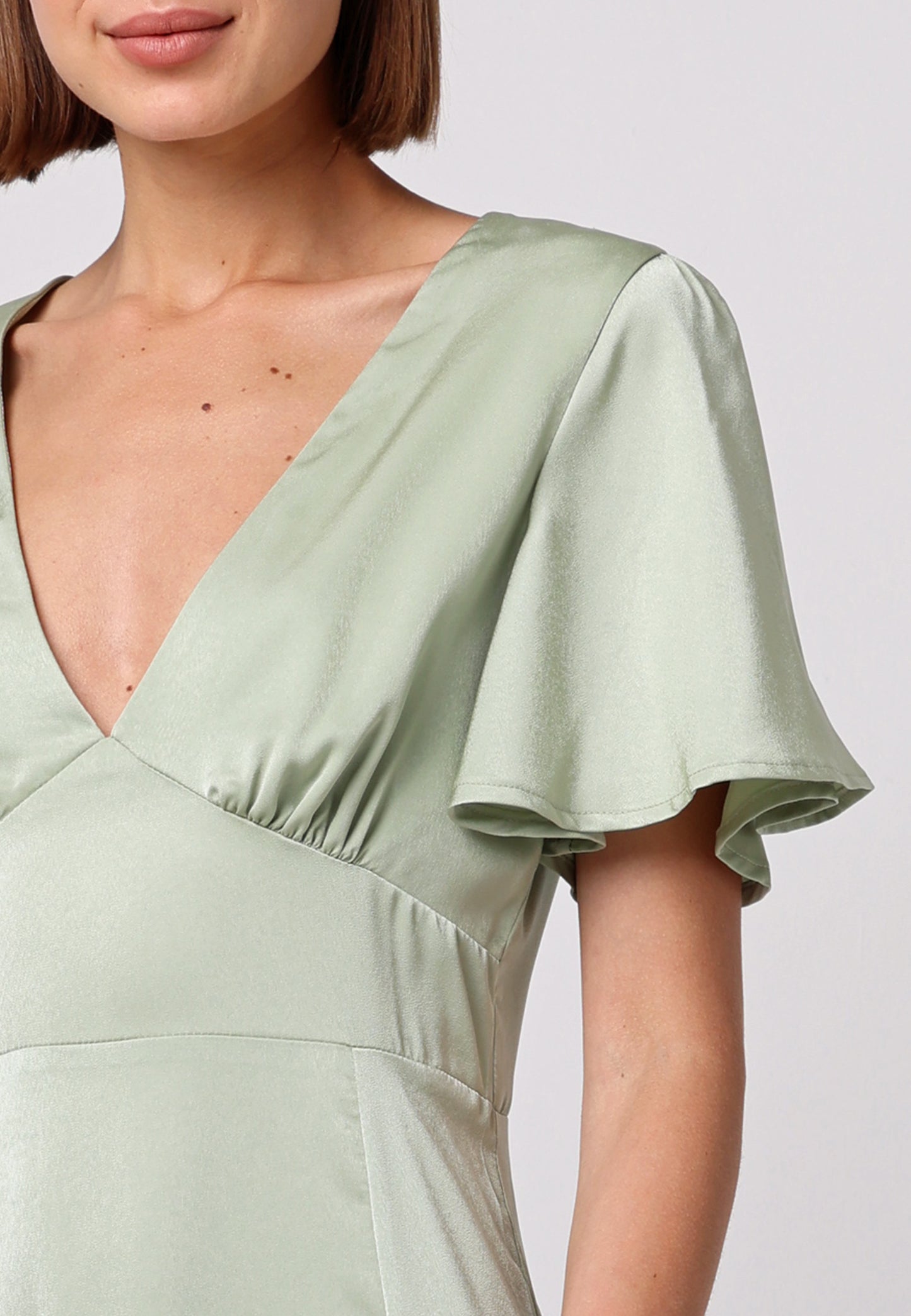 Satin V-Neck Angel Sleeve Midi Dress with Slit in Sage Green