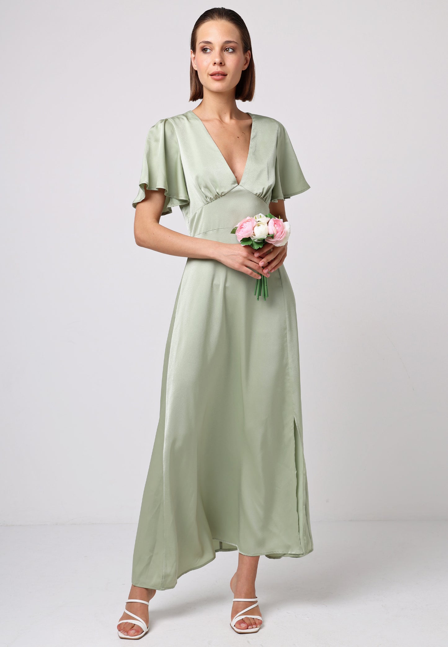 Satin V-Neck Angel Sleeve Midi Dress with Slit in Sage Green