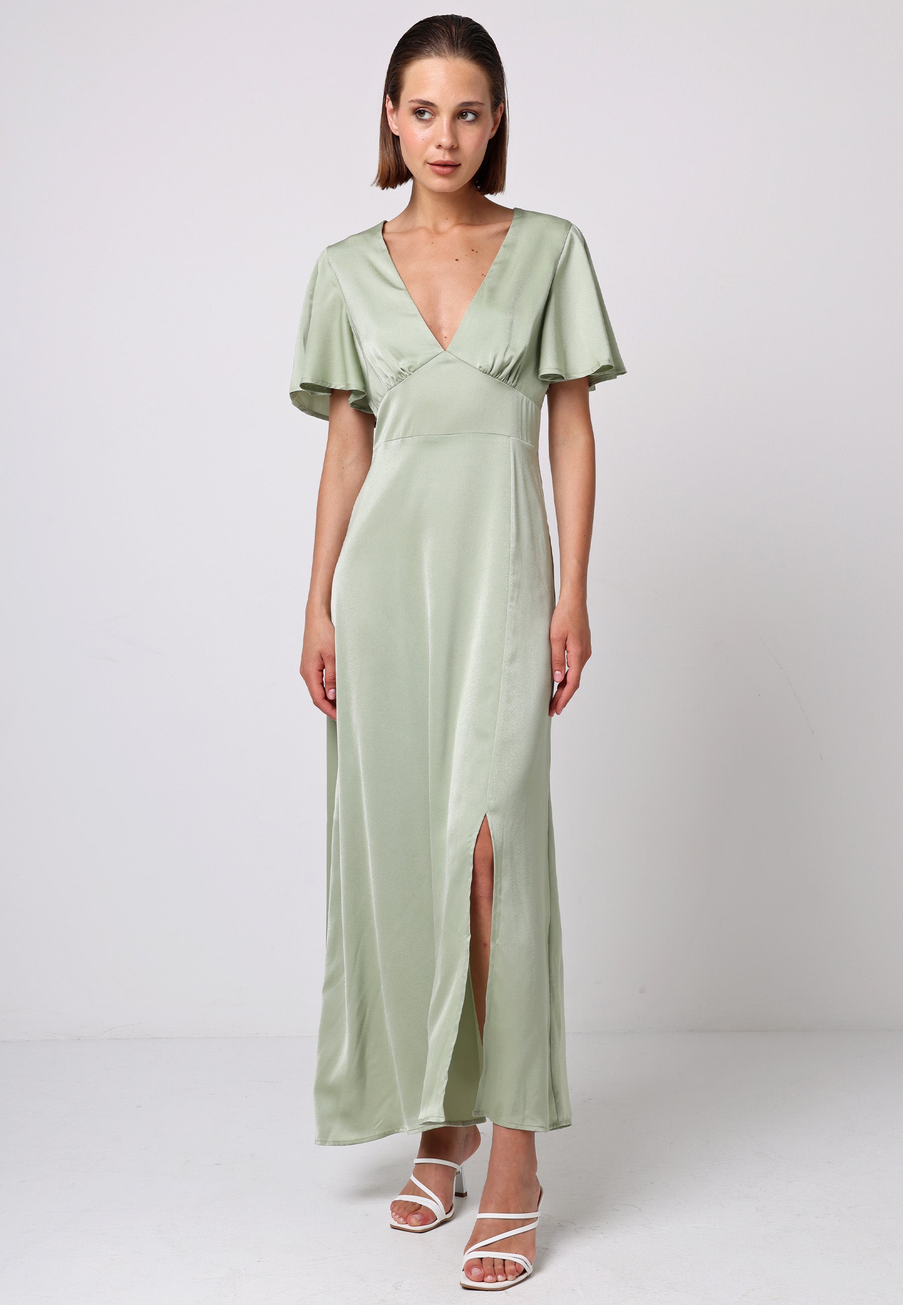 Satin V-Neck Midi Dress in Sage Green | ANGELEYE Satin V-Neck Midi Dress in Sage Green | ANGELEYE