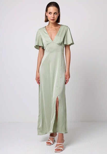 Satin V-Neck Angel Sleeve Midi Dress with Slit in Sage Green