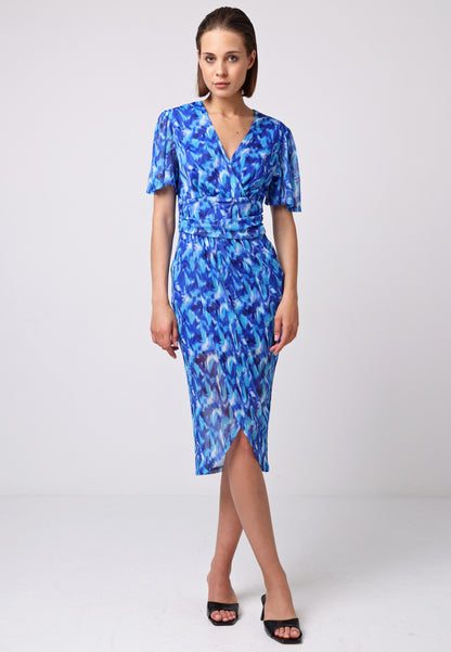 Angel Sleeve Wrap Fitted Mesh Midi Dress in Blue Print