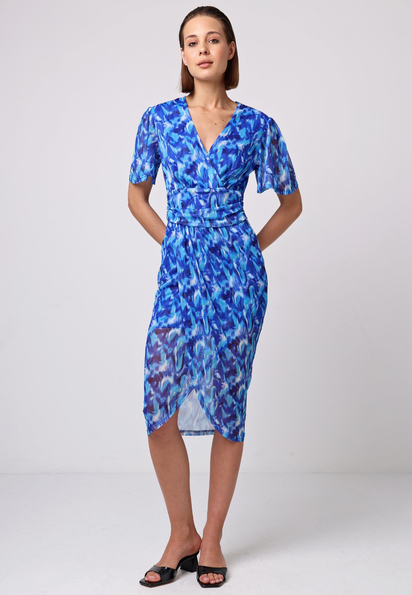 Angel Sleeve Wrap Fitted Mesh Midi Dress in Blue Print