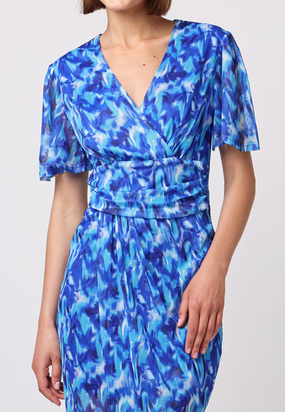 Angel Sleeve Wrap Fitted Mesh Midi Dress in Blue Print