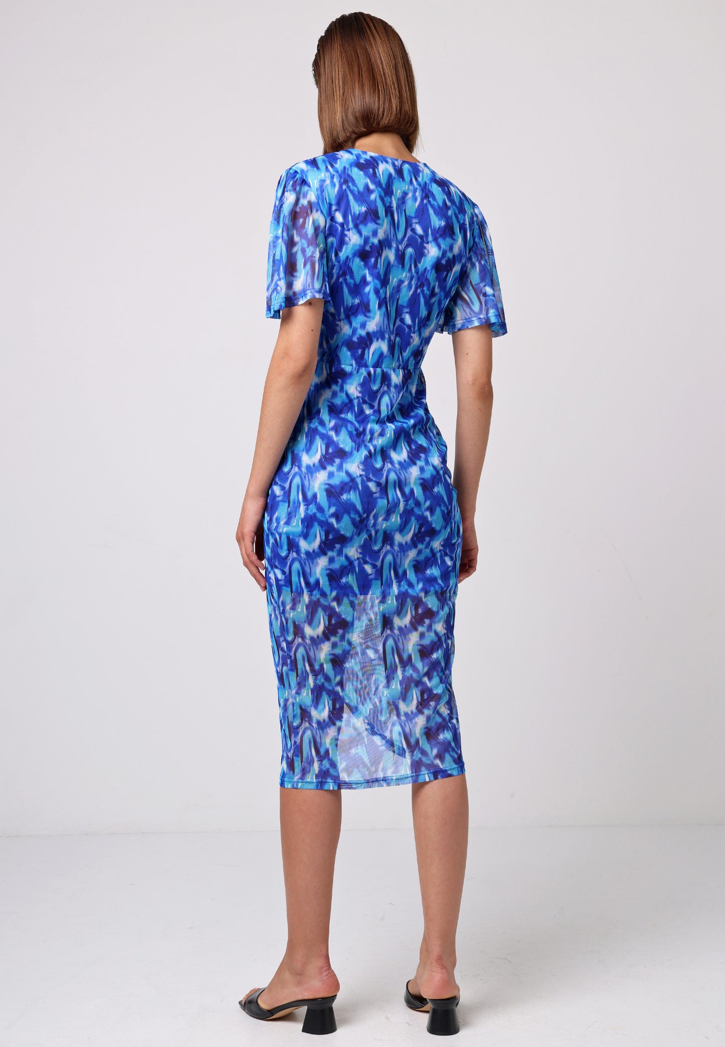 Angel Sleeve Wrap Fitted Mesh Midi Dress in Blue Print