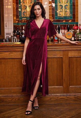 Midi Velvet Dress in Burgundy Shimmer