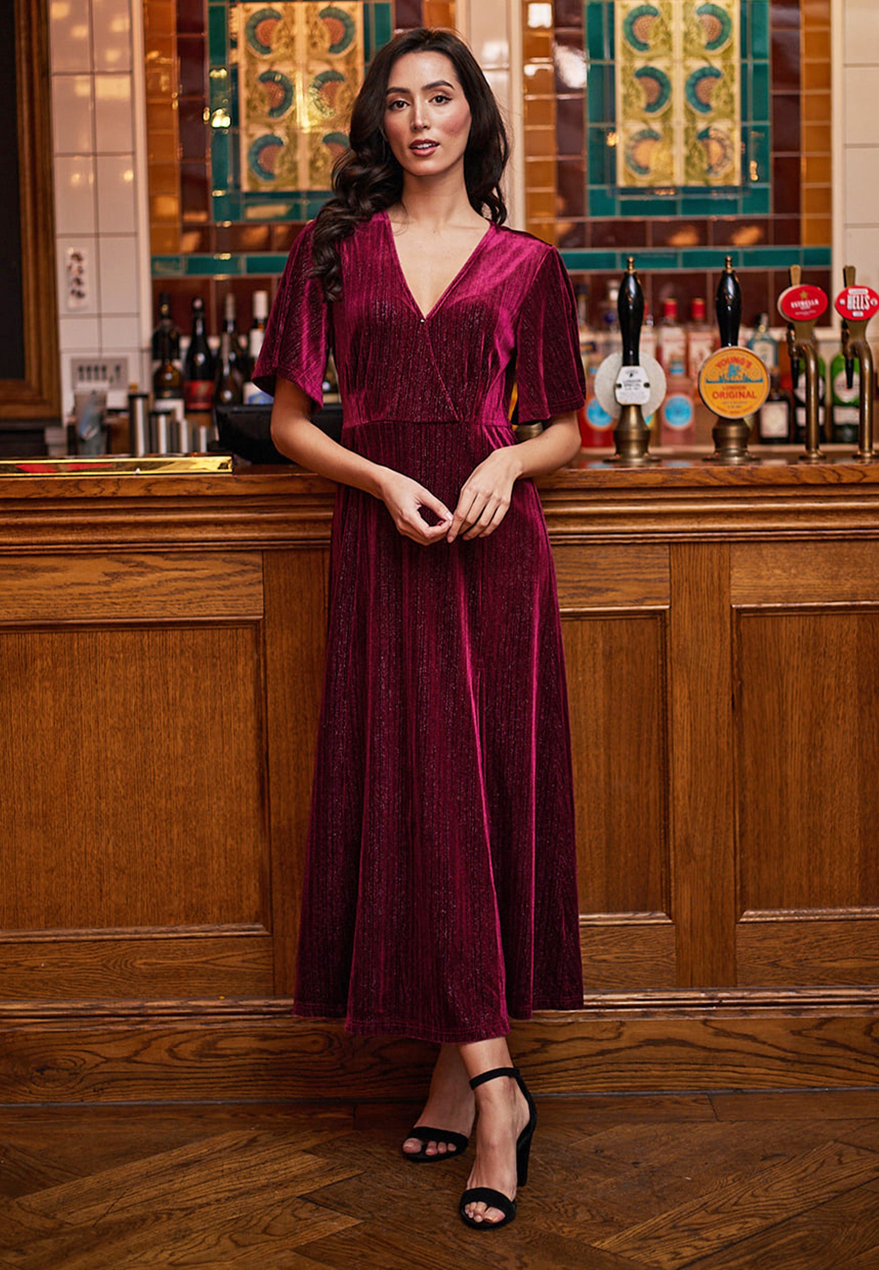 midi velour dress Navy Velvet Long Sleeve Split Skirt Midi Dress AX Paris
