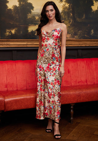 Cowl Neck Cami Dress in Leopard Rose Print