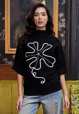 Turtle Neck Black Jumper with White Flower