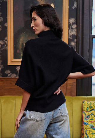 Turtle Neck Black Jumper with White Flower